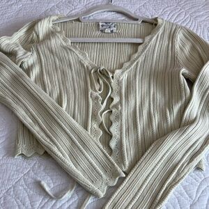 Hippie Rose Cream Ribbed Scallop-Edge Knit Cardigan